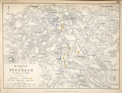 Mapa de la Batalla de Stockach, publicado por William Blackwood and Sons, Edimburgo y Londres, 1848 (grabado coloreado a mano) de Alexander Keith Johnston